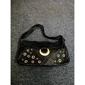 Elliott Lucca Black Woven Leather Shoulder Bag Gold Grommets Hobo Bag Flap 15x9'